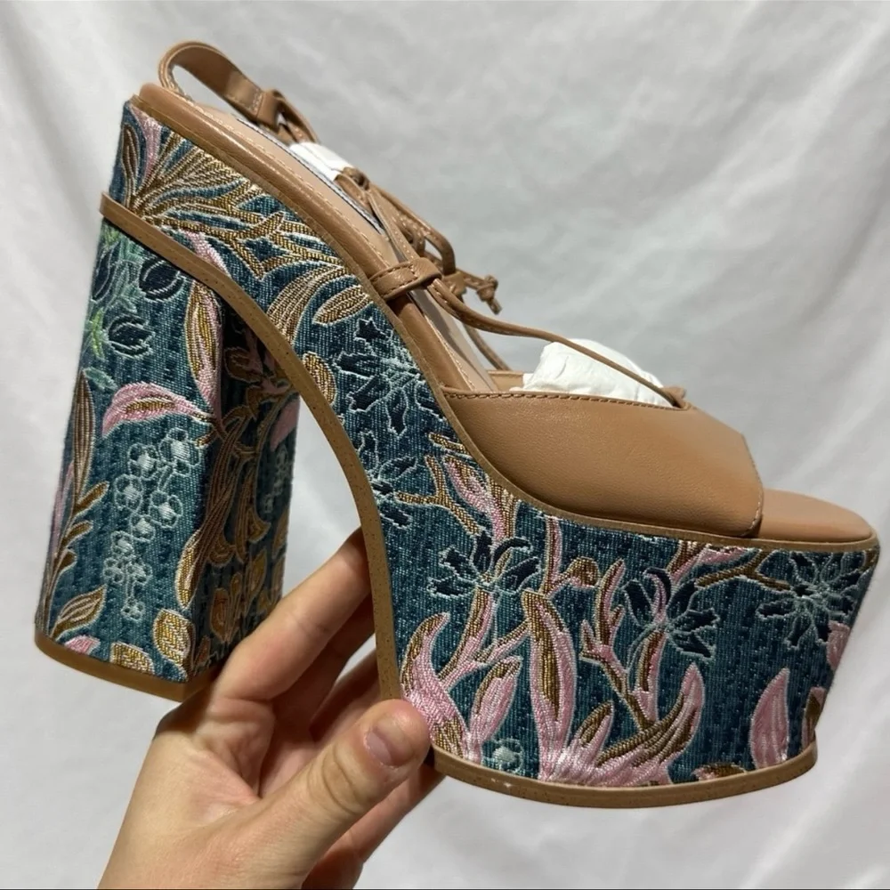 Steve Madden Anika Tan Leather Chunky Embroidered Platform Lace Up Heels Summer - Picture 2 of 12